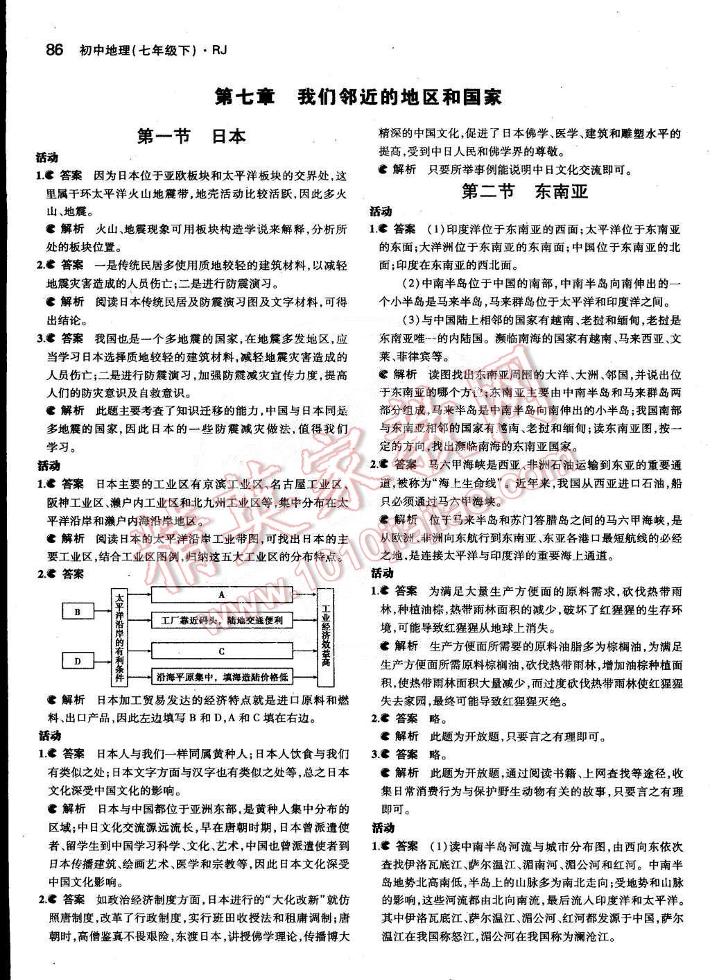 課本人教版七年級地理下冊 參考答案第2頁