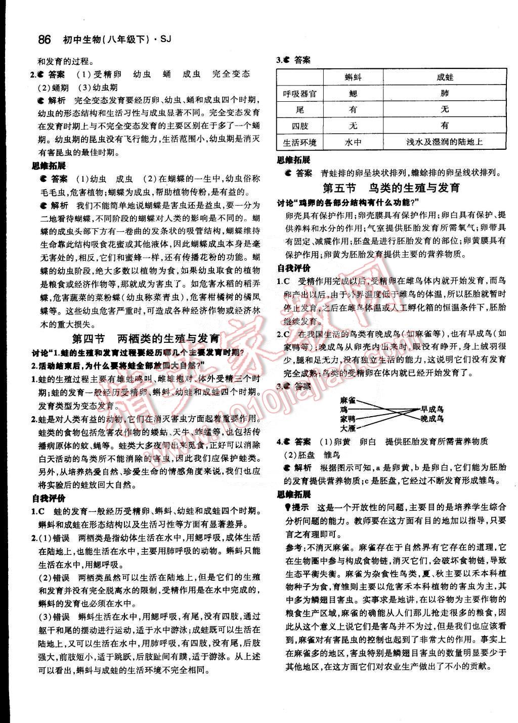 课本苏教版八年级生物学下册 参考答案第2页