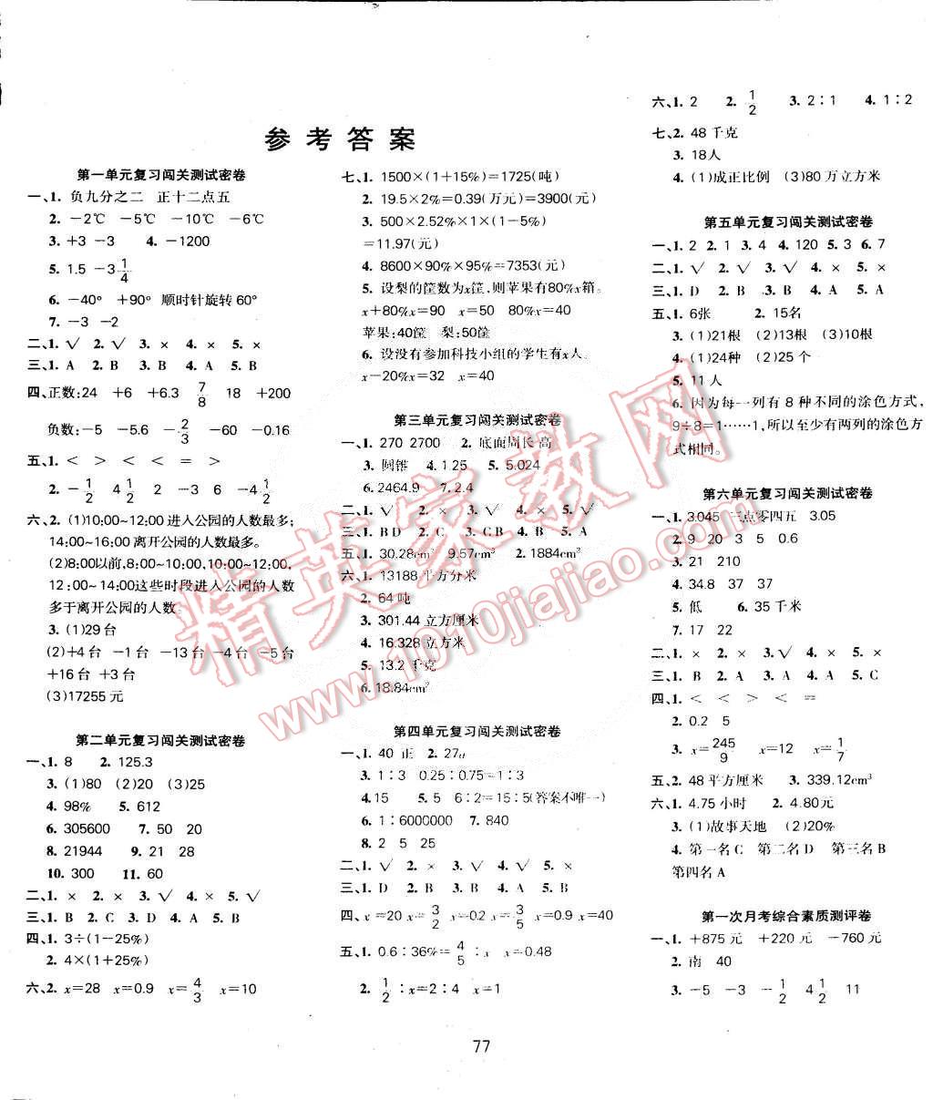 2015年课堂达优期末冲刺100分六年级数学下册人教版 第1页