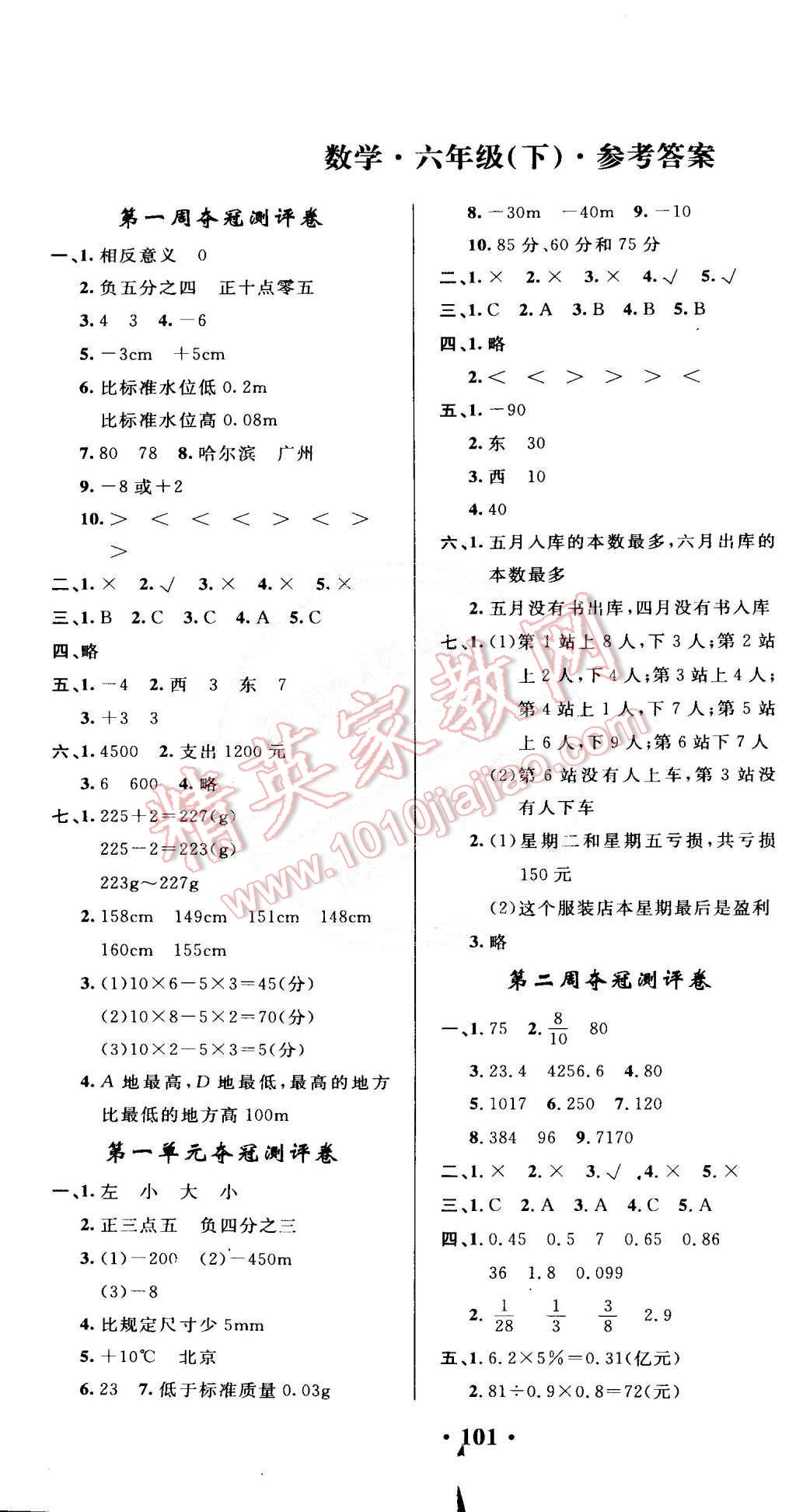 2015年期末奪冠滿分測評(píng)卷六年級(jí)數(shù)學(xué)下冊人教版 第1頁