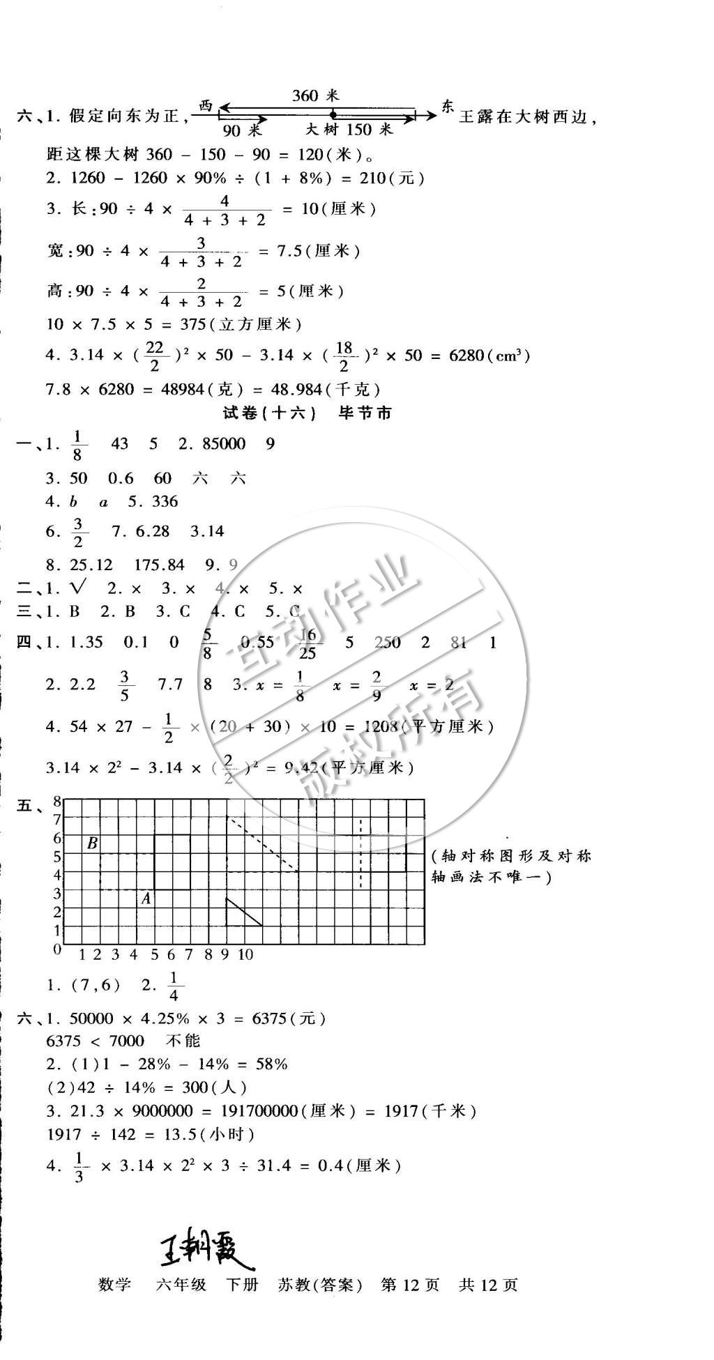 2015年王朝霞各地期末試卷精選六年級數(shù)學(xué)下冊蘇教版 第12頁