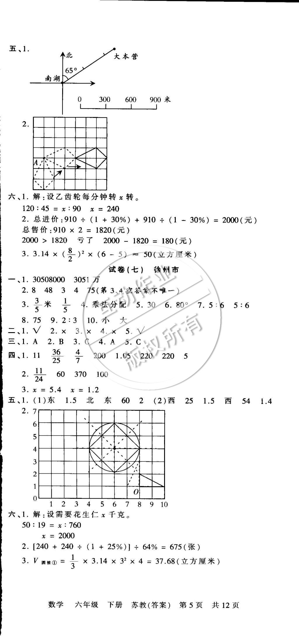 2015年王朝霞各地期末試卷精選六年級(jí)數(shù)學(xué)下冊(cè)蘇教版 第5頁