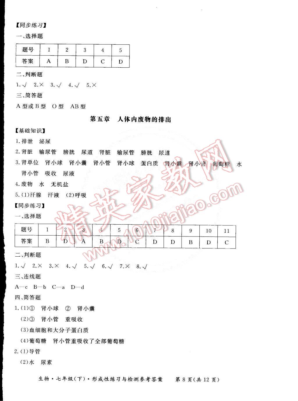 2015年新课标形成性练习与检测七年级生物下册 第8页