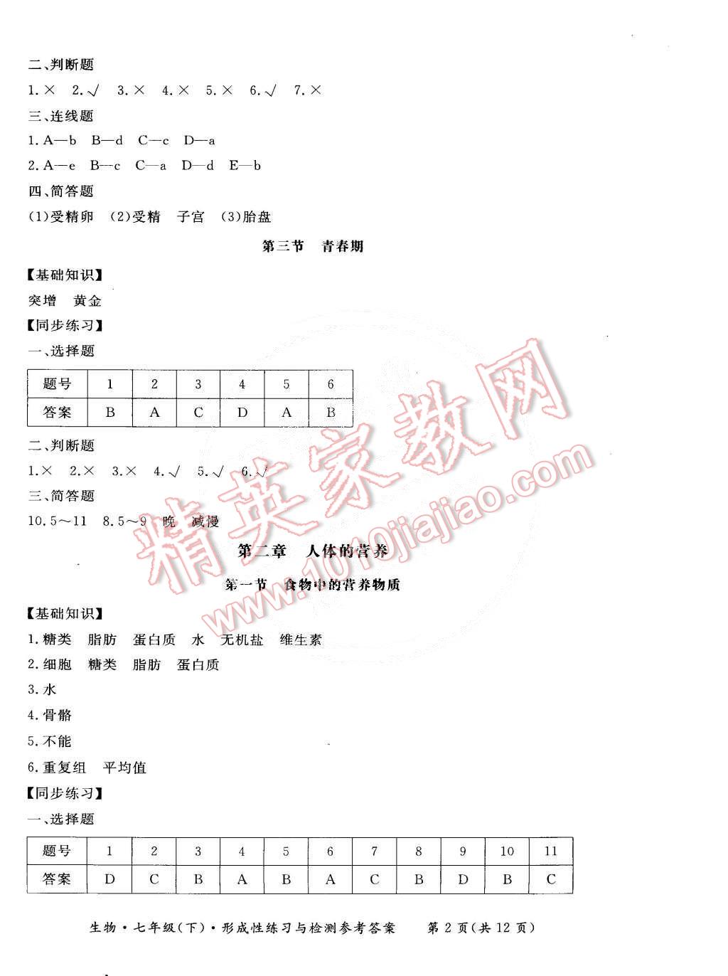 2015年新课标形成性练习与检测七年级生物下册 第2页