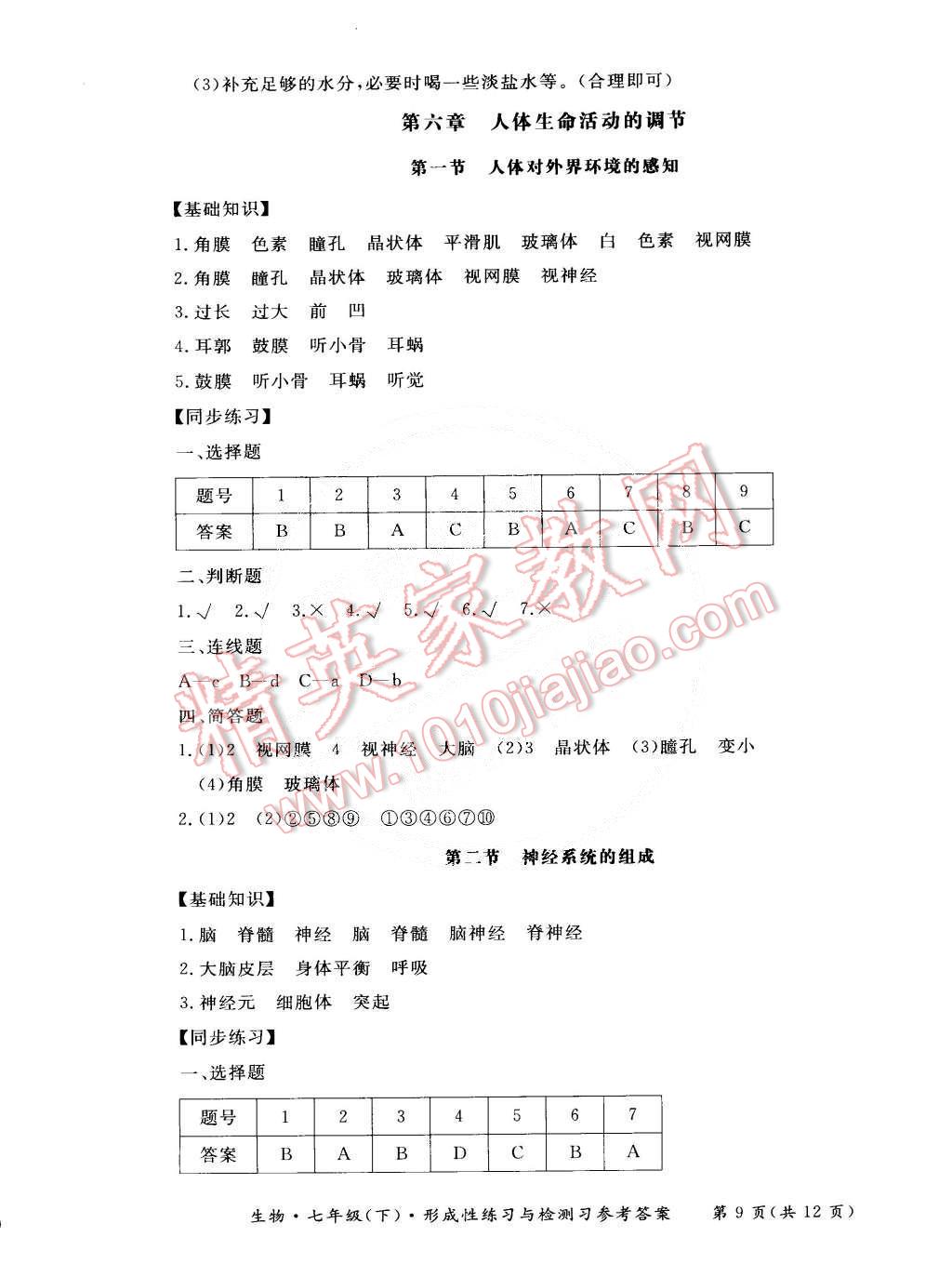 2015年新课标形成性练习与检测七年级生物下册 第9页