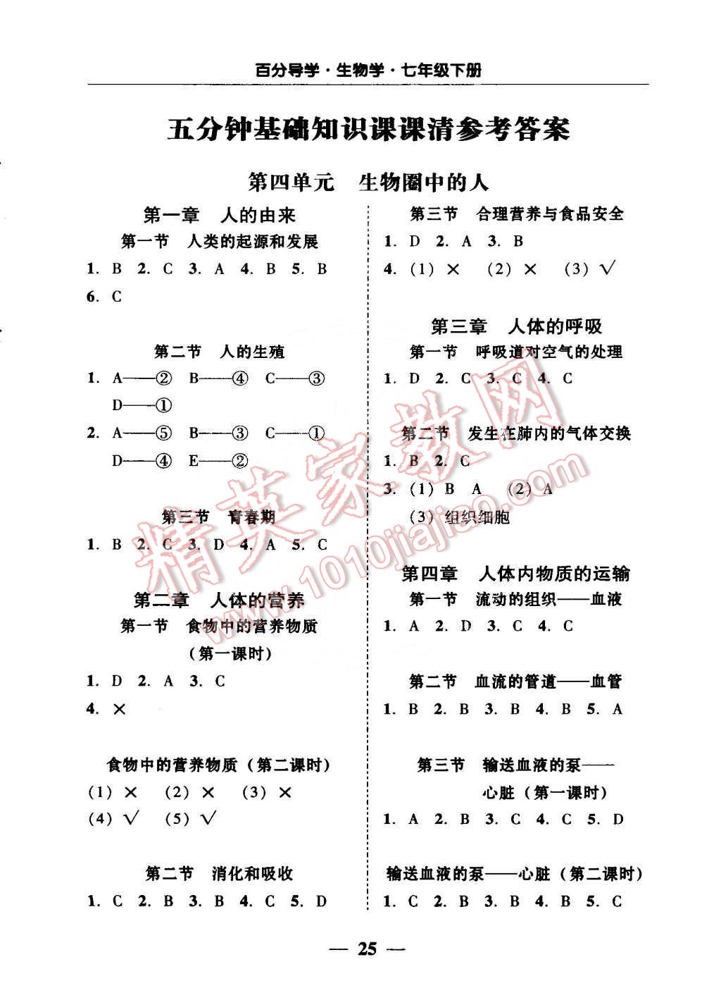 2015年百分导学七年级生物下册人教版 第1页