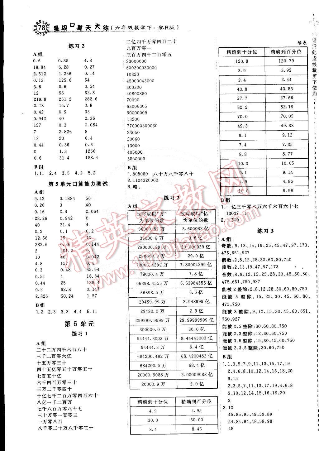 2015年星级口算天天练六年级数学下册人教版 第6页