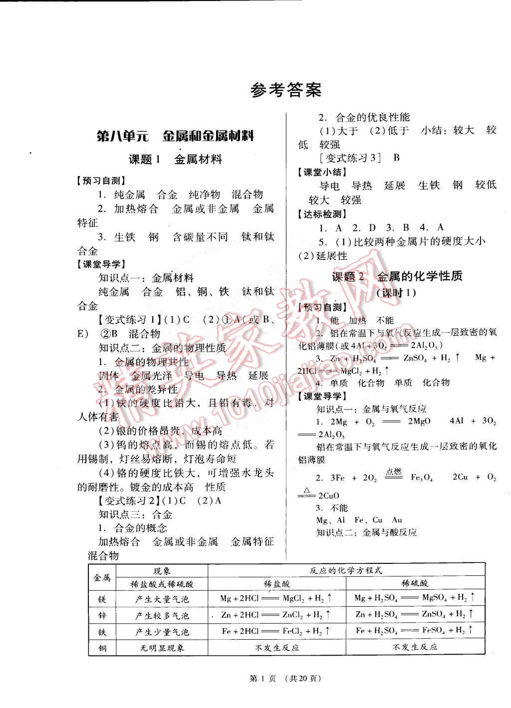 2015年深圳金卷初中化學(xué)導(dǎo)學(xué)案九年級下冊 第1頁