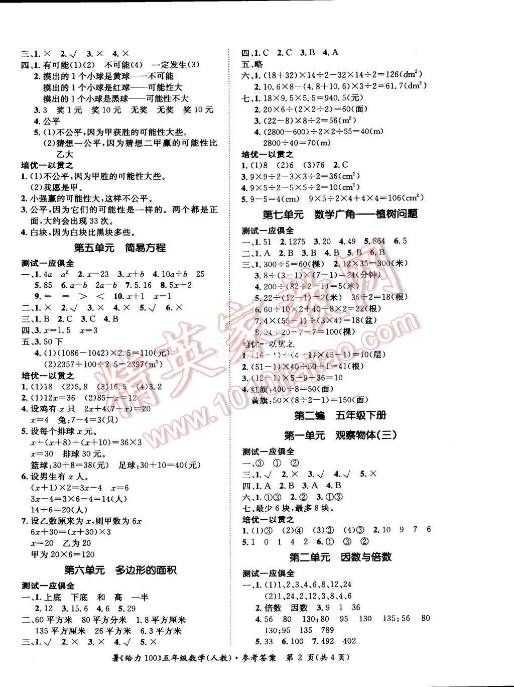 2015年假期作業(yè)精編學(xué)年總復(fù)習(xí)給力100五年級數(shù)學(xué)人教版 第2頁