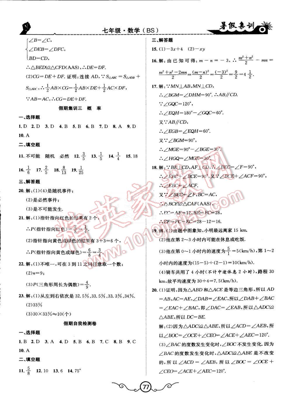 2015年暑假集训七年级数学北师大版合肥工业大学出版社 第9页