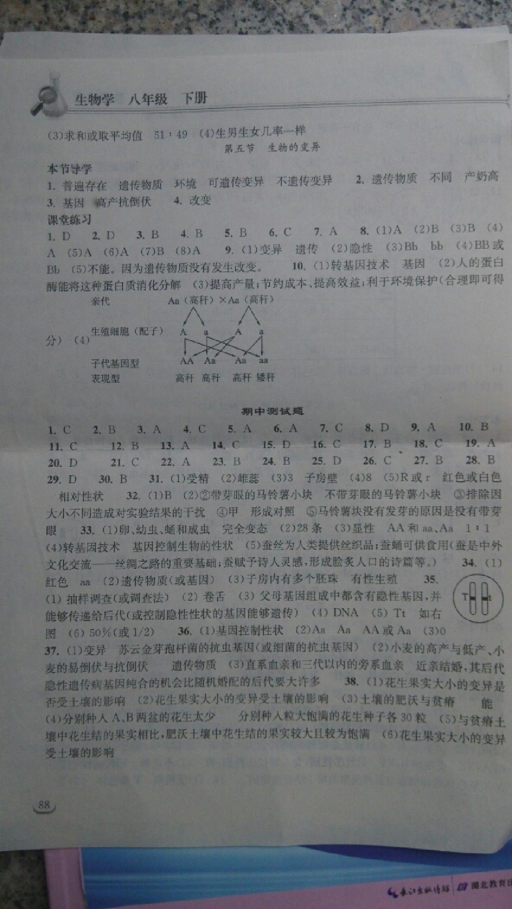 2015年长江作业本同步练习册八年级生物学下册人教版 第28页