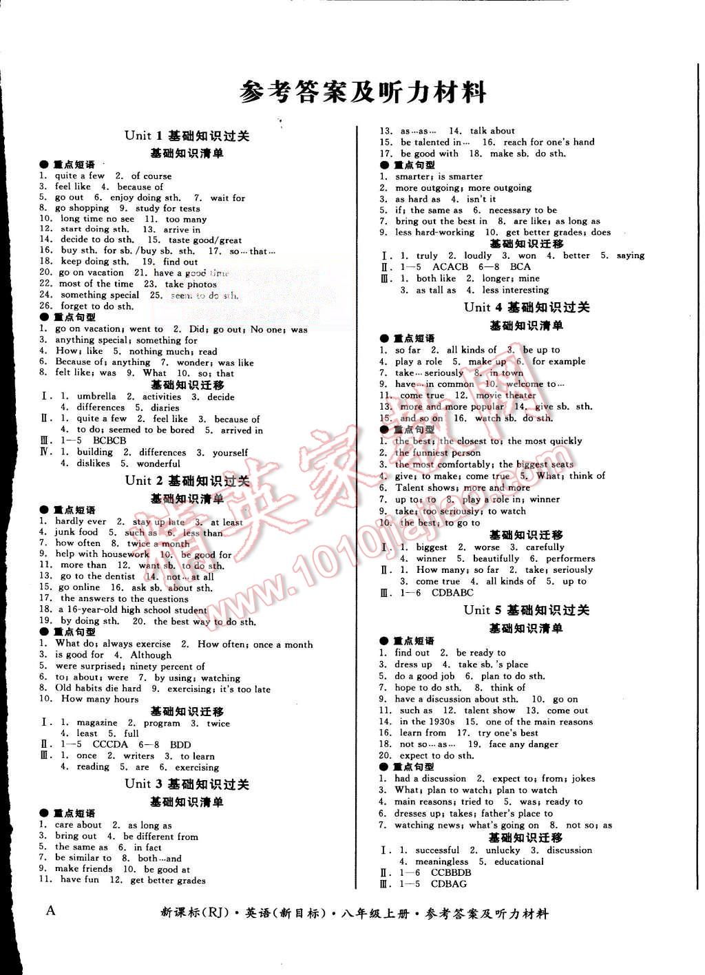 2015年全品小復(fù)習(xí)八年級(jí)英語(yǔ)上冊(cè)人教版A 第1頁(yè)