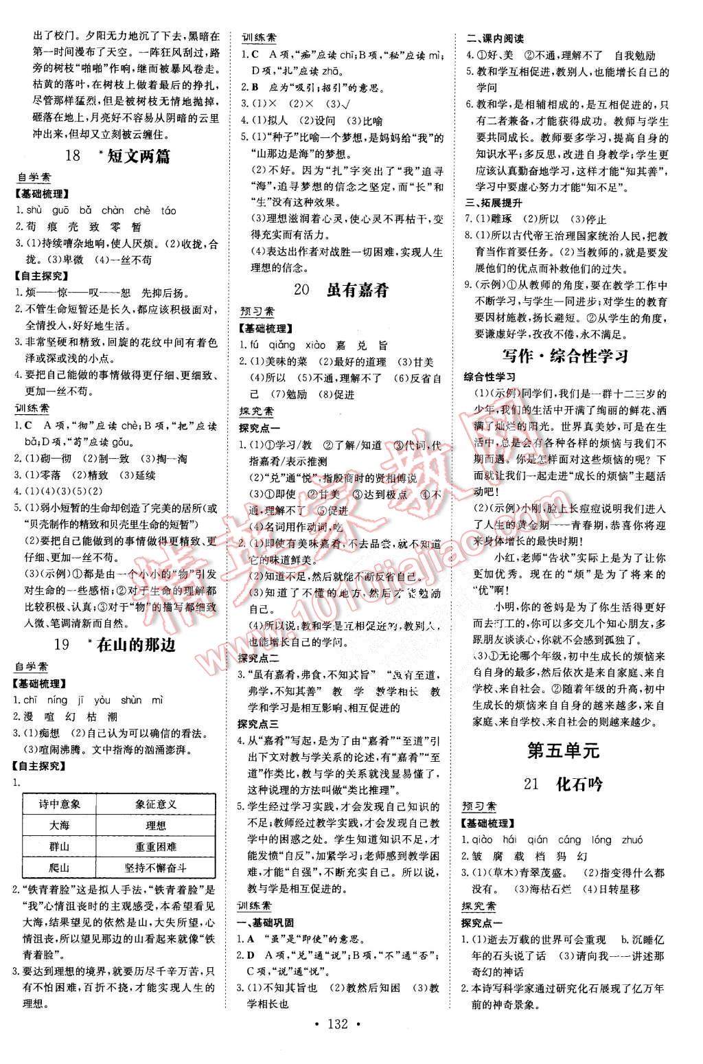 2015年初中同步学习导与练导学探究案七年级语文上册人教版 第8页