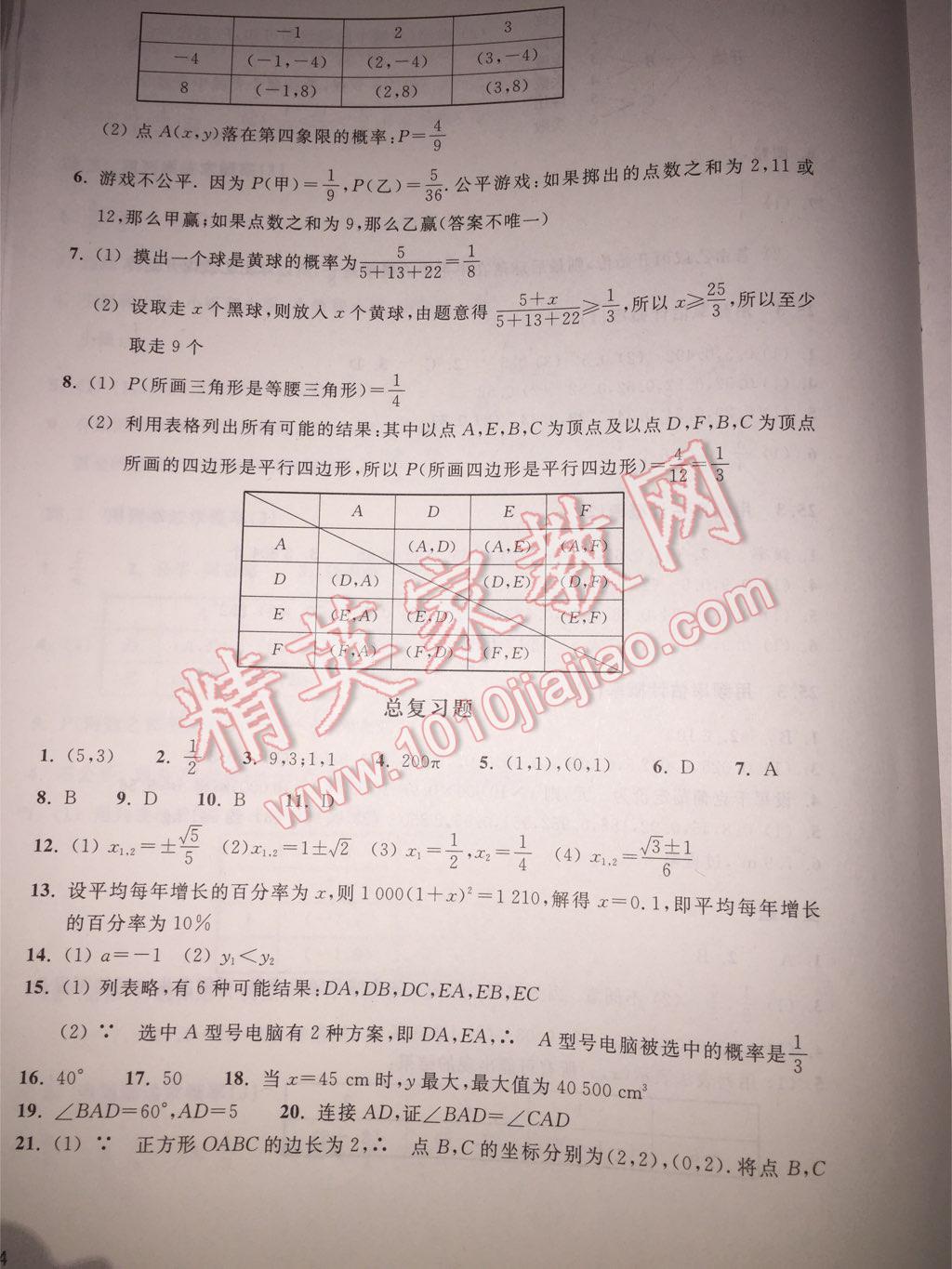 2015年作业本九年级数学上册人教版浙教教育出版社 第14页