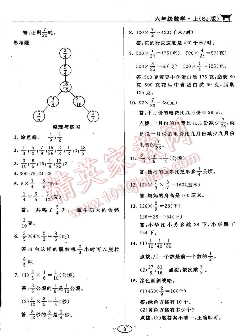 課本六年級數(shù)學(xué)上冊蘇教版 參考答案第8頁