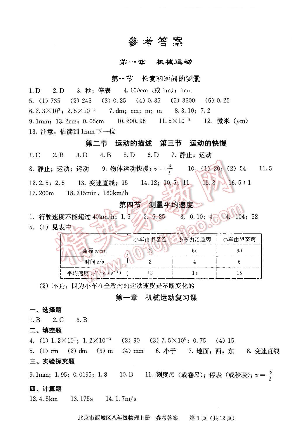 2015年学习探究诊断八年级物理上册 第1页