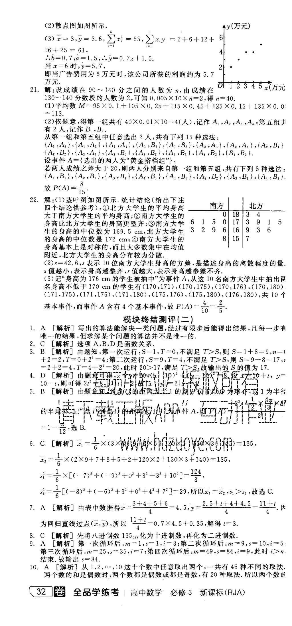 2015年全品學練考高中數學必修3人教A版 測評卷參考答案第58頁