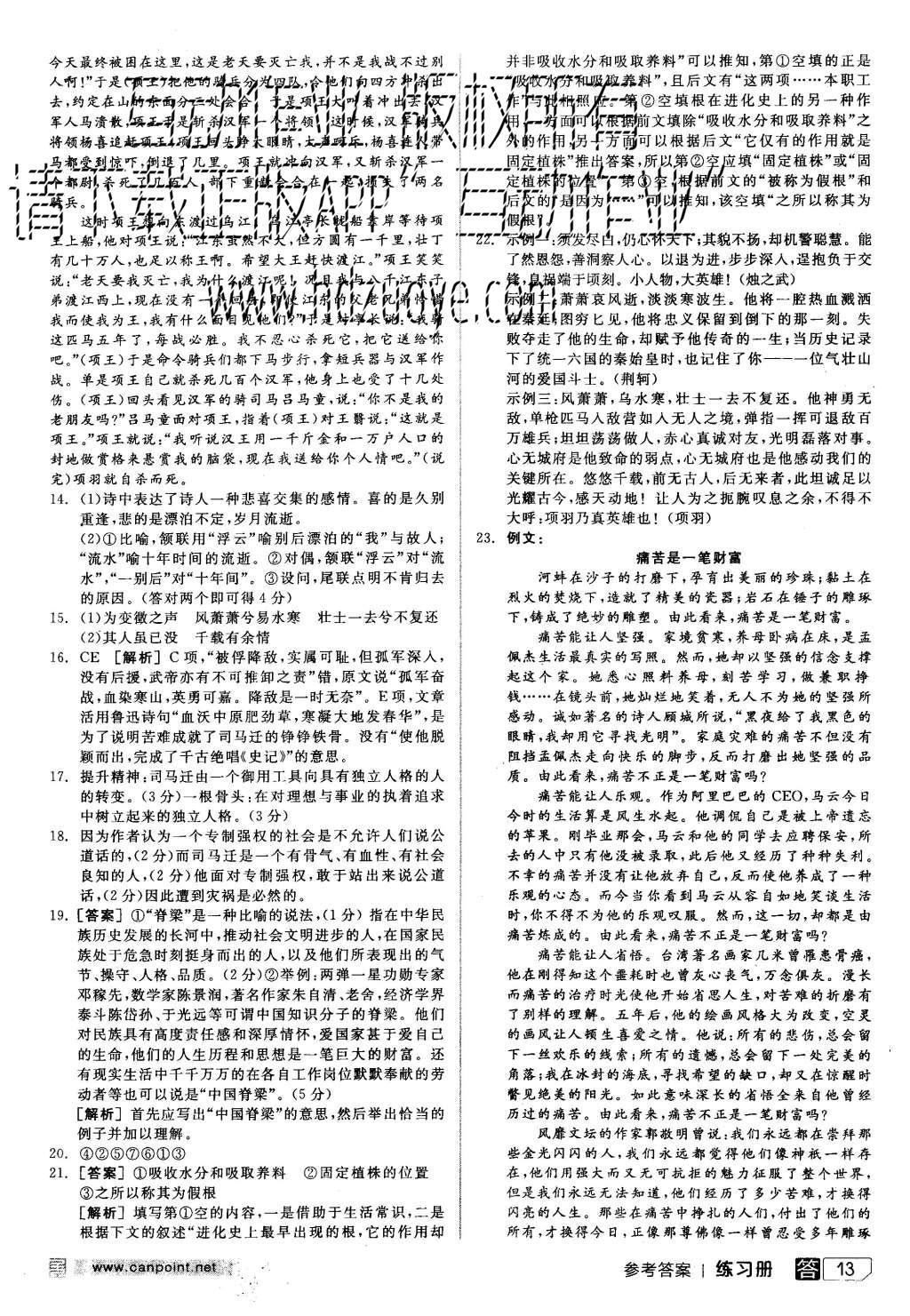 2015年全品學(xué)練考高中語文必修1人教版 練習(xí)冊參考答案第37頁