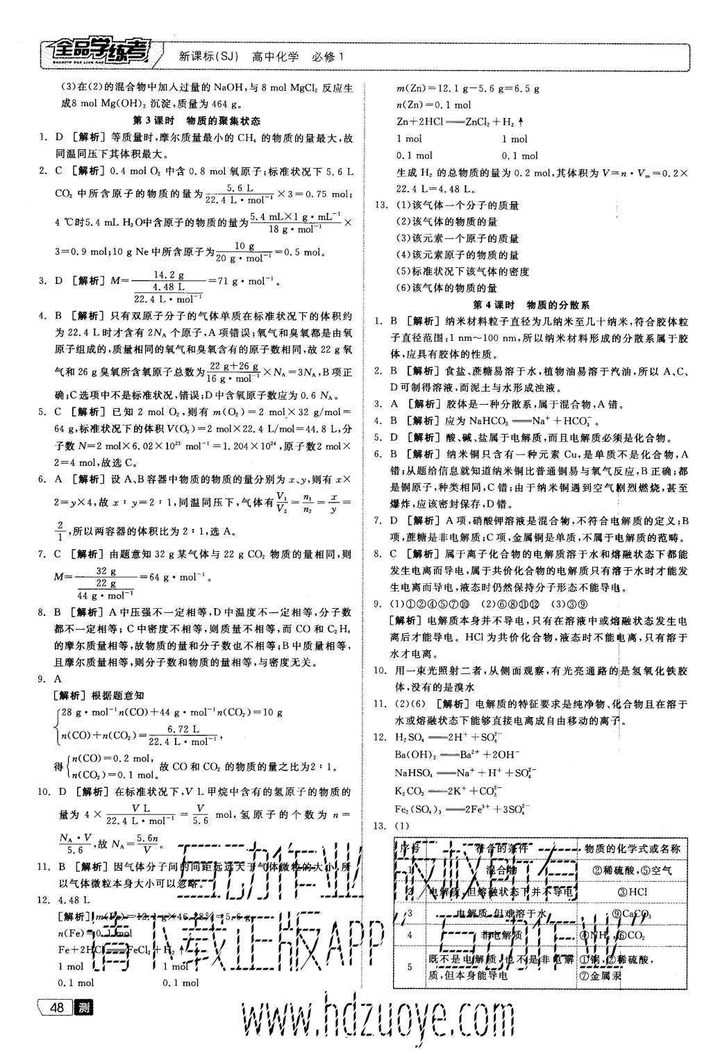 2015年全品學練考高中化學必修1蘇教版 測評卷參考答案第30頁