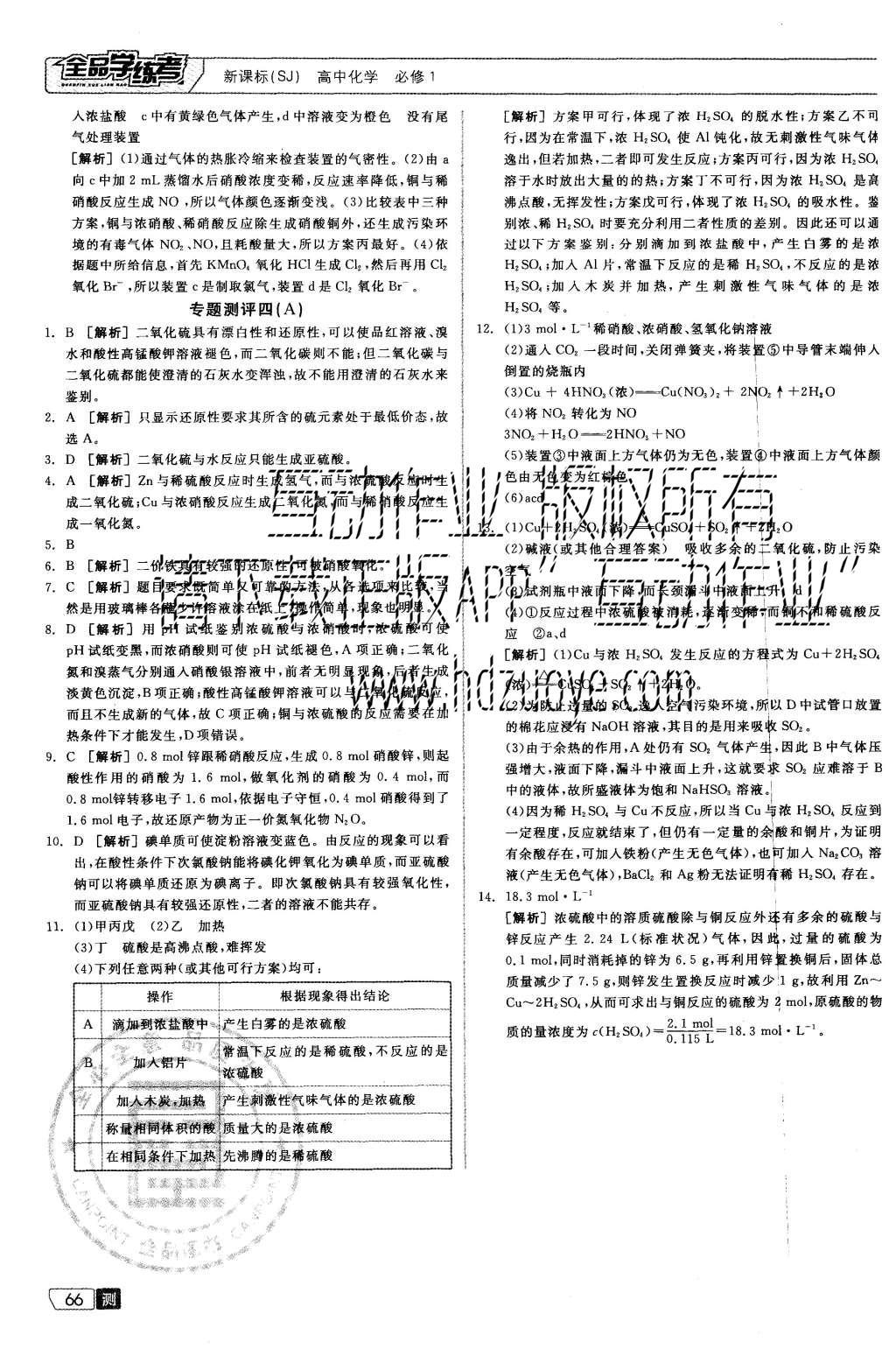 2015年全品學練考高中化學必修1蘇教版 測評卷參考答案第48頁