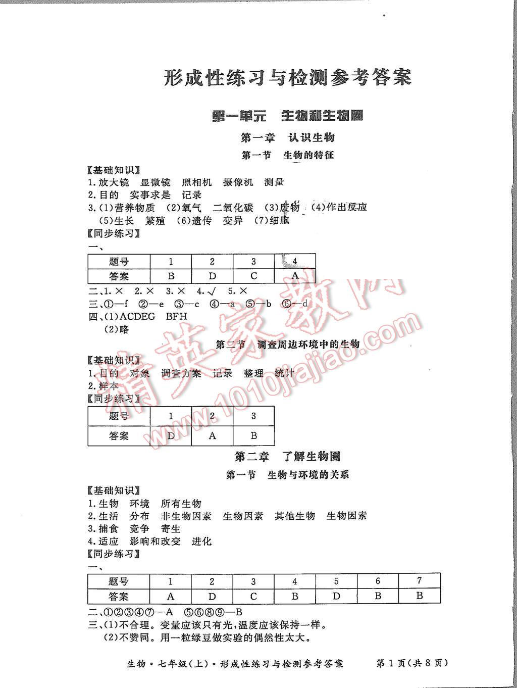 2015年形成性練習(xí)與檢測(cè)七年級(jí)生物上冊(cè) 第1頁(yè)