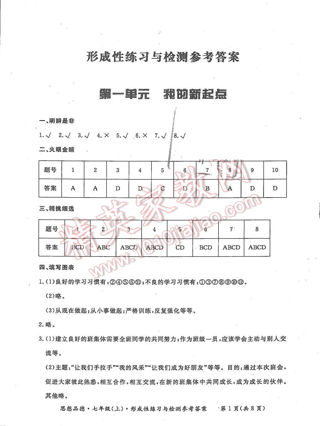 2015年形成性练习与检测七年级思想品德上册 第1页