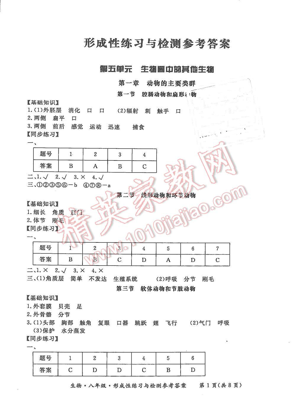 2015年形成性練習(xí)與檢測八年級(jí)生物上冊 第1頁