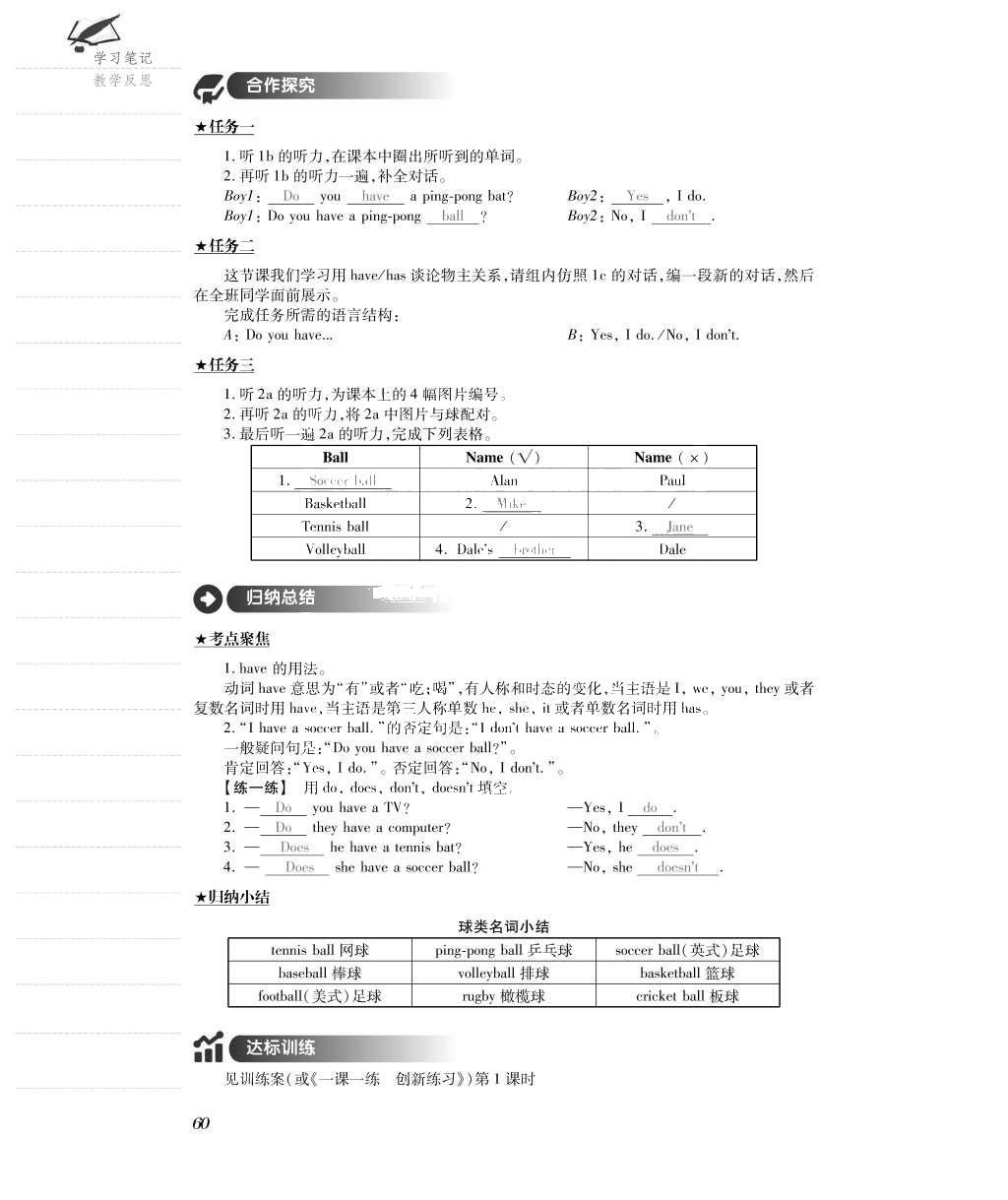 2015年一課一案創(chuàng)新導(dǎo)學(xué)七年級英語上冊人教版 導(dǎo)學(xué)案參考答案第88頁