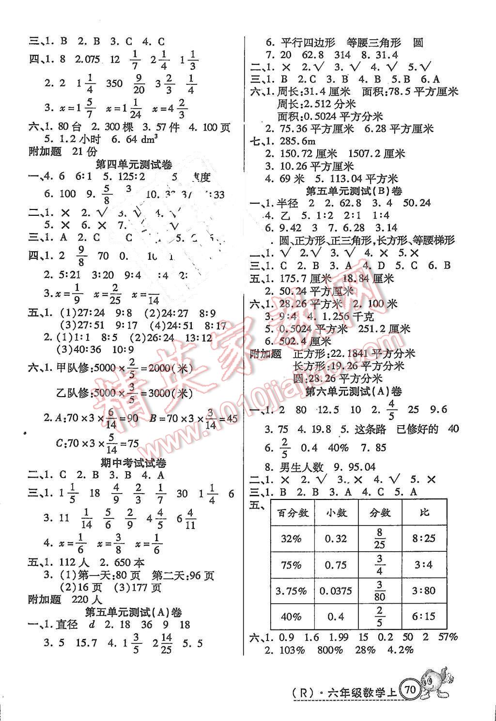 2015年培優(yōu)全能練考卷六年級數(shù)學(xué)上冊人教版 第2頁