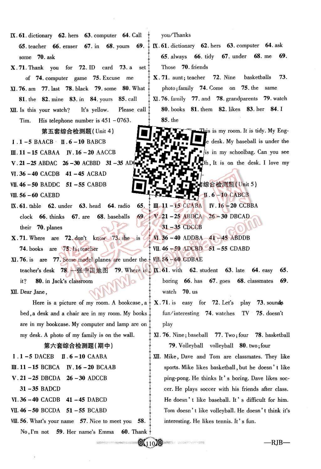 2015年金榜名卷復(fù)習(xí)沖刺卷七年級英語上冊人教版 參考答案第2頁