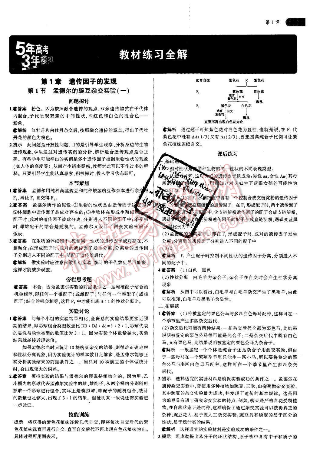 課本人教版高中生物必修2 參考答案第1頁