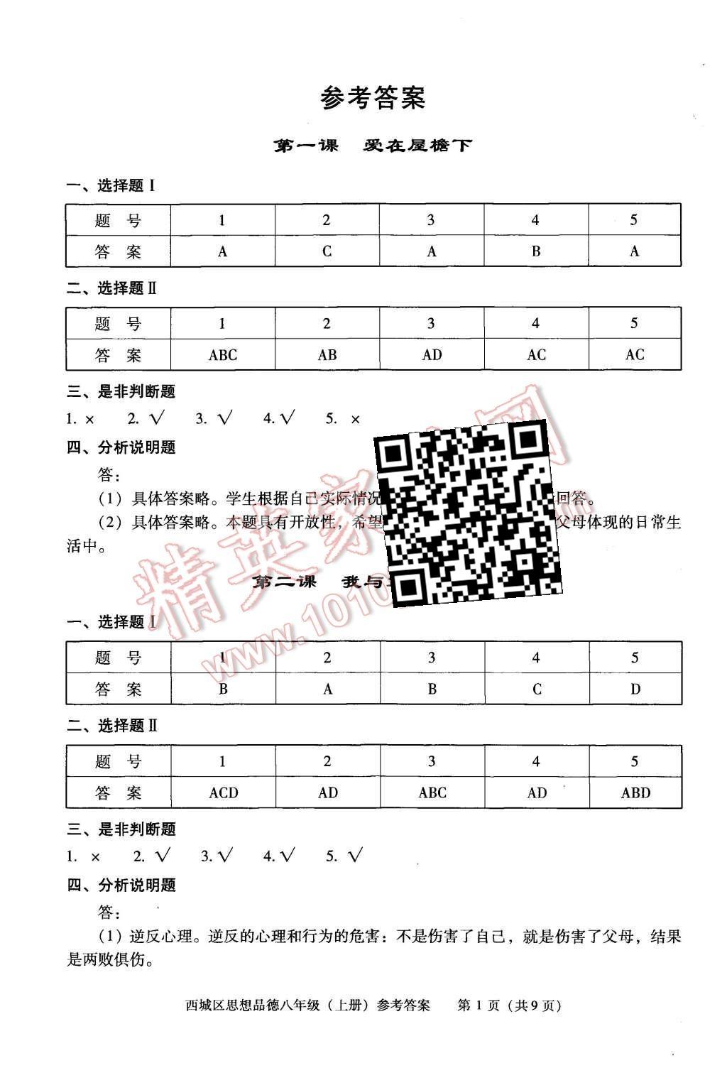 2015年學(xué)習(xí)探究診斷八年級思想品德上冊 第1頁