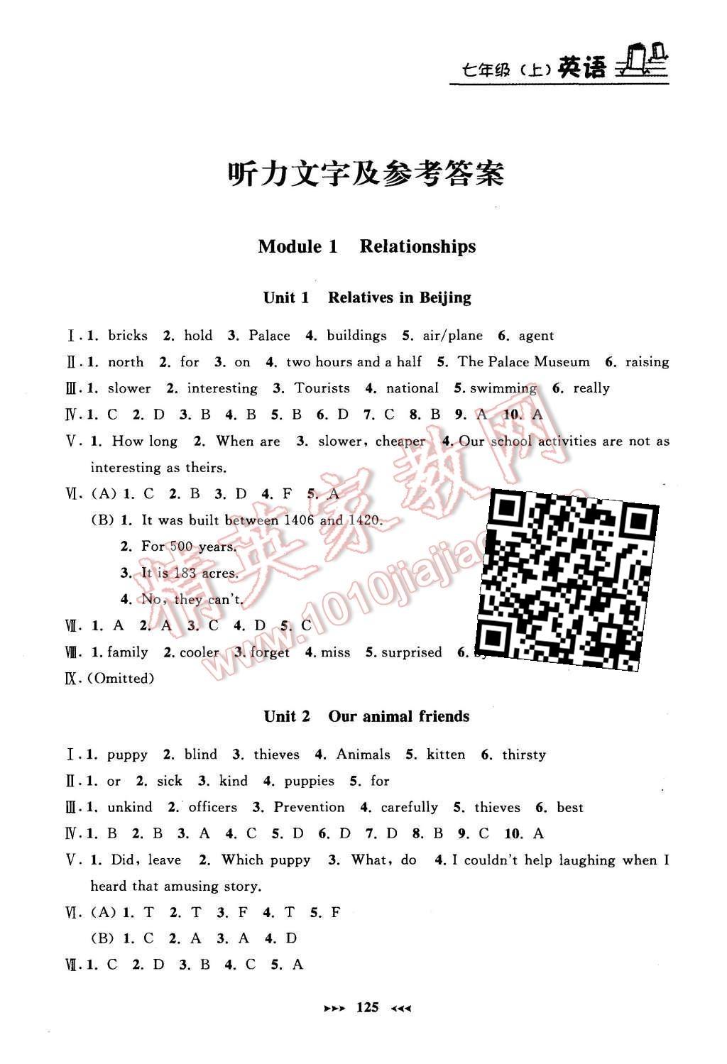 2015年鐘書金牌課課練七年級英語上冊牛津版 參考答案第9頁