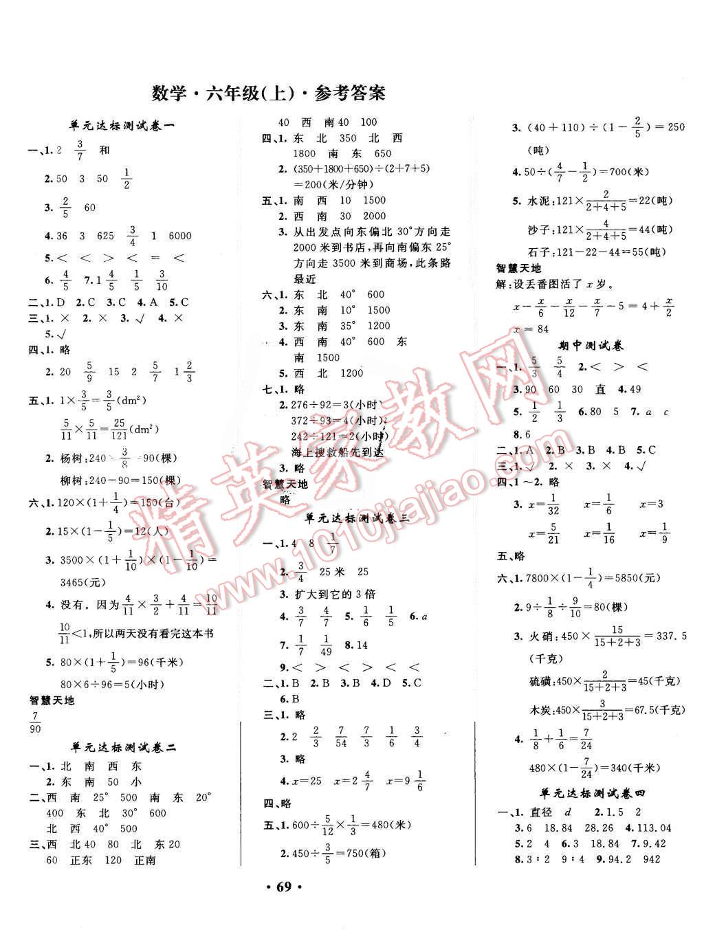 2015年快乐练练吧夺冠100分六年级数学上册人教版 第1页