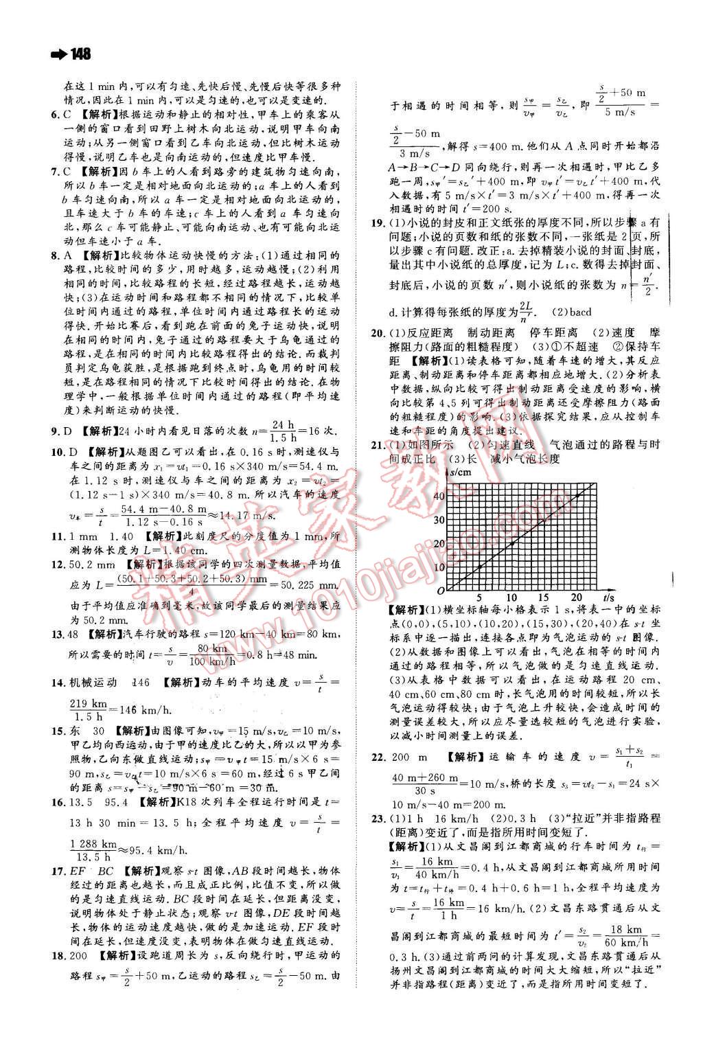 2015年一本八年级物理上册苏科版 参考答案第54页