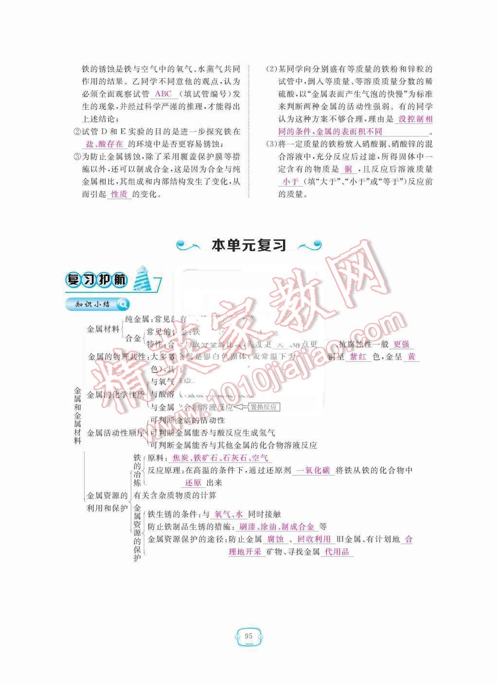 2015年領(lǐng)航新課標(biāo)練習(xí)冊九年級化學(xué)全一冊人教版 第八單元  金屬和金屬材料第95頁