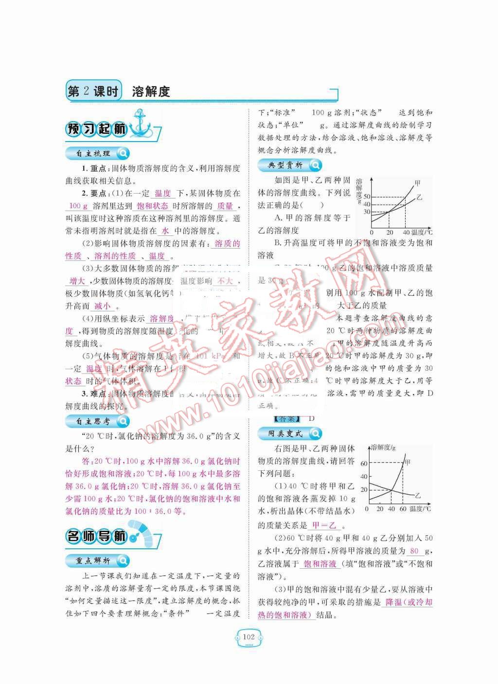 2015年領(lǐng)航新課標(biāo)練習(xí)冊(cè)九年級(jí)化學(xué)全一冊(cè)人教版 第九單元  溶液第102頁(yè)