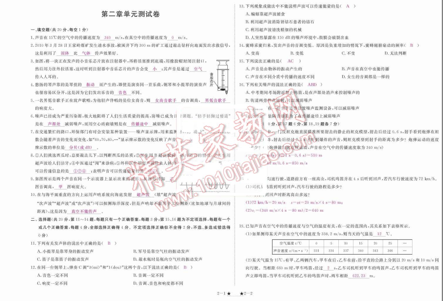 2015年領(lǐng)航新課標(biāo)練習(xí)冊(cè)八年級(jí)物理上冊(cè)人教版 單元測(cè)試卷第107頁(yè)