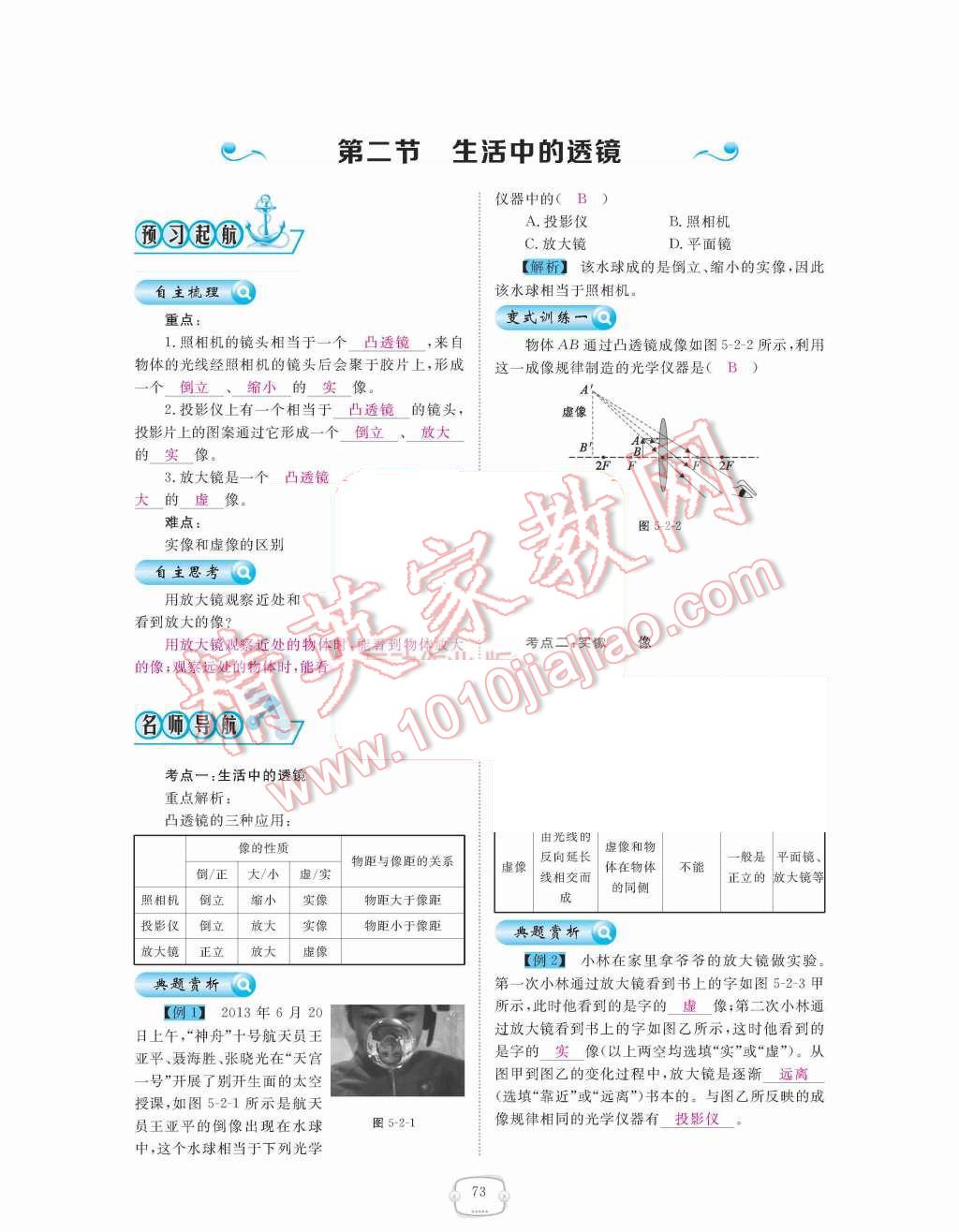 2015年領(lǐng)航新課標(biāo)練習(xí)冊八年級物理上冊人教版 第五章  透鏡及其應(yīng)用第73頁