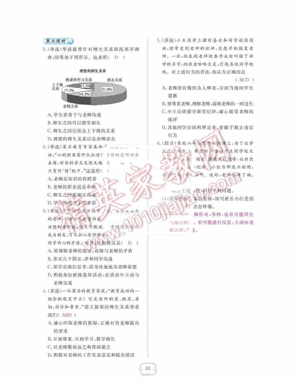 2015年領(lǐng)航新課標(biāo)練習(xí)冊八年級思想品德上冊人教版 第二單元  師友結(jié)伴同行第33頁