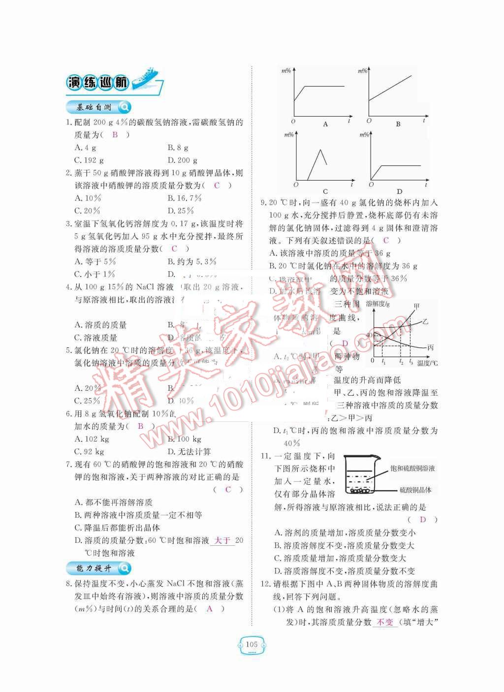 2015年領(lǐng)航新課標(biāo)練習(xí)冊(cè)九年級(jí)化學(xué)全一冊(cè)人教版 第九單元  溶液第105頁(yè)