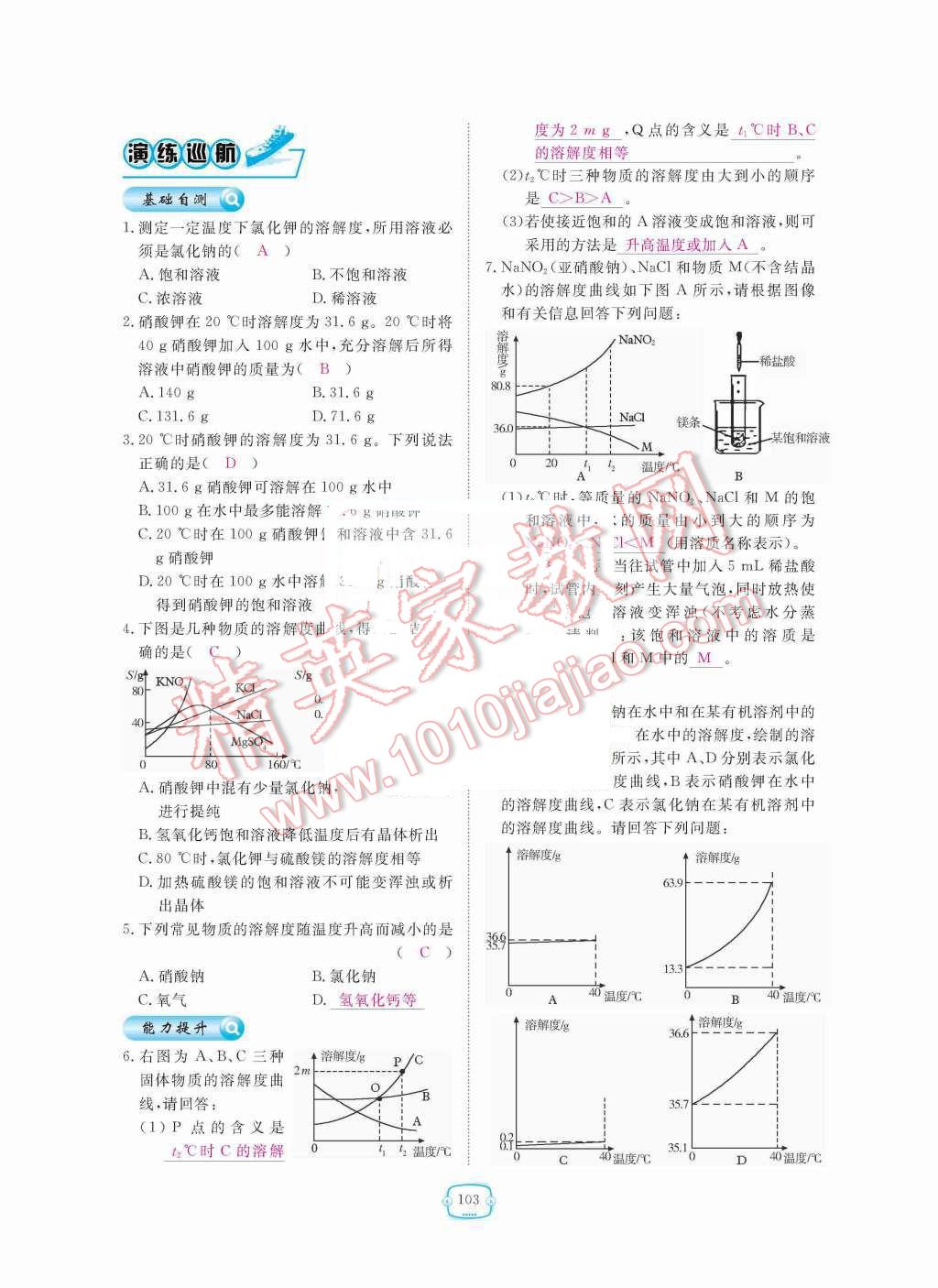 2015年領(lǐng)航新課標(biāo)練習(xí)冊(cè)九年級(jí)化學(xué)全一冊(cè)人教版 第九單元  溶液第103頁(yè)