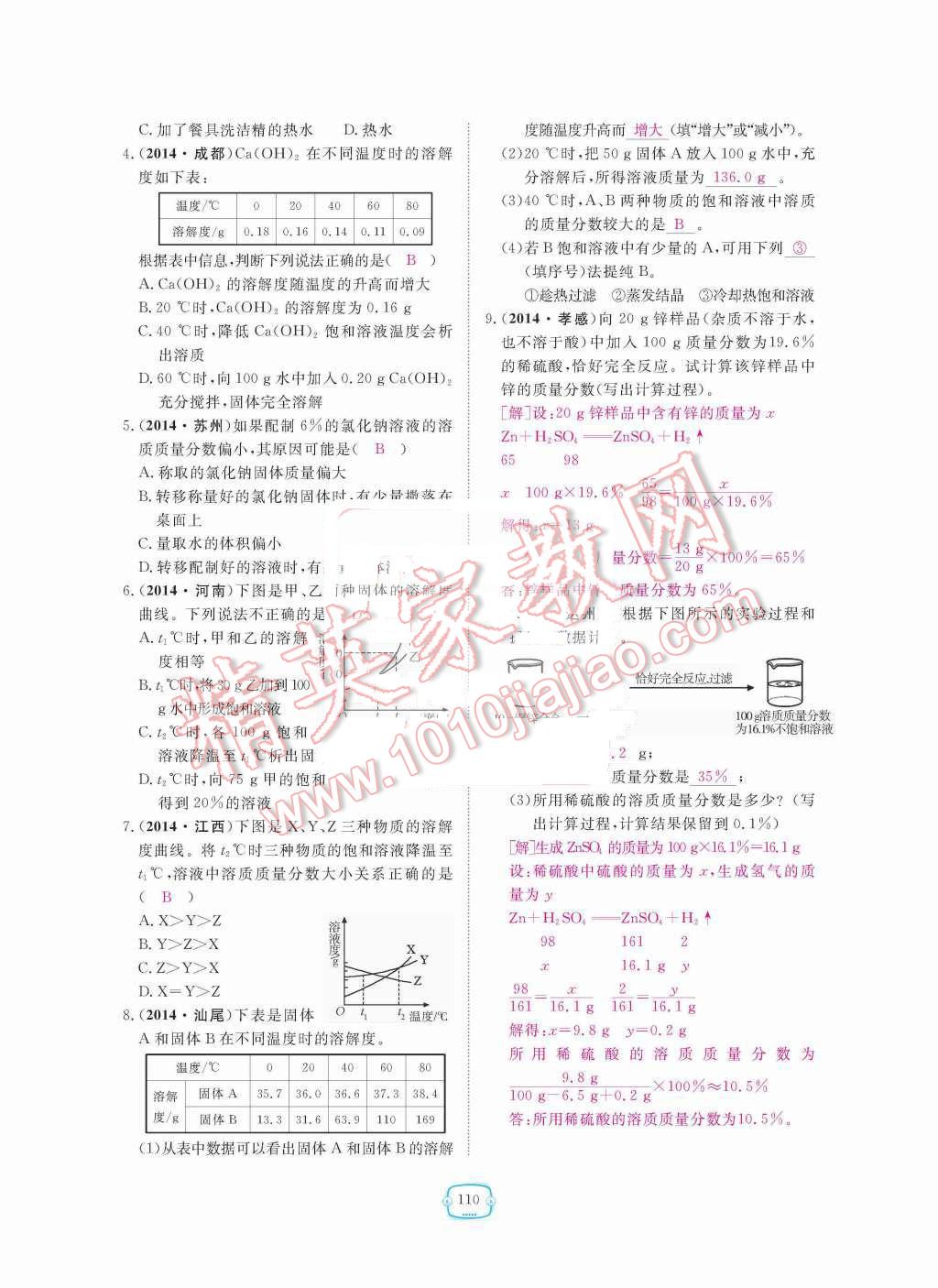 2015年領(lǐng)航新課標(biāo)練習(xí)冊(cè)九年級(jí)化學(xué)全一冊(cè)人教版 第九單元  溶液第110頁(yè)