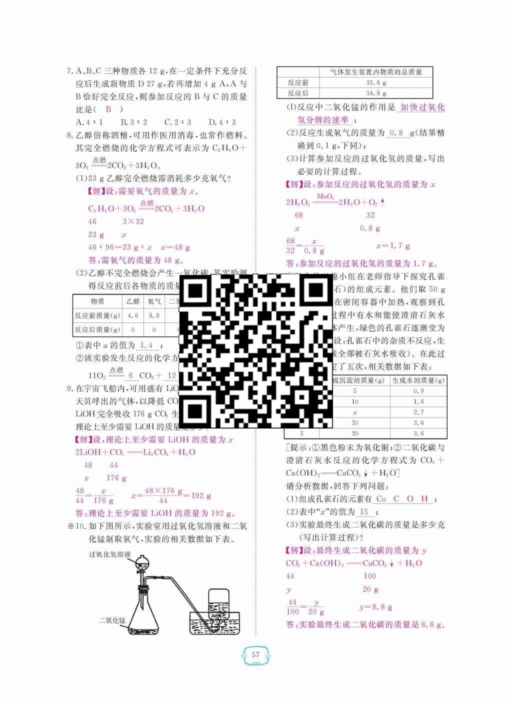 2015年領(lǐng)航新課標(biāo)練習(xí)冊(cè)九年級(jí)化學(xué)全一冊(cè)人教版 第五單元  化學(xué)方程式第57頁(yè)