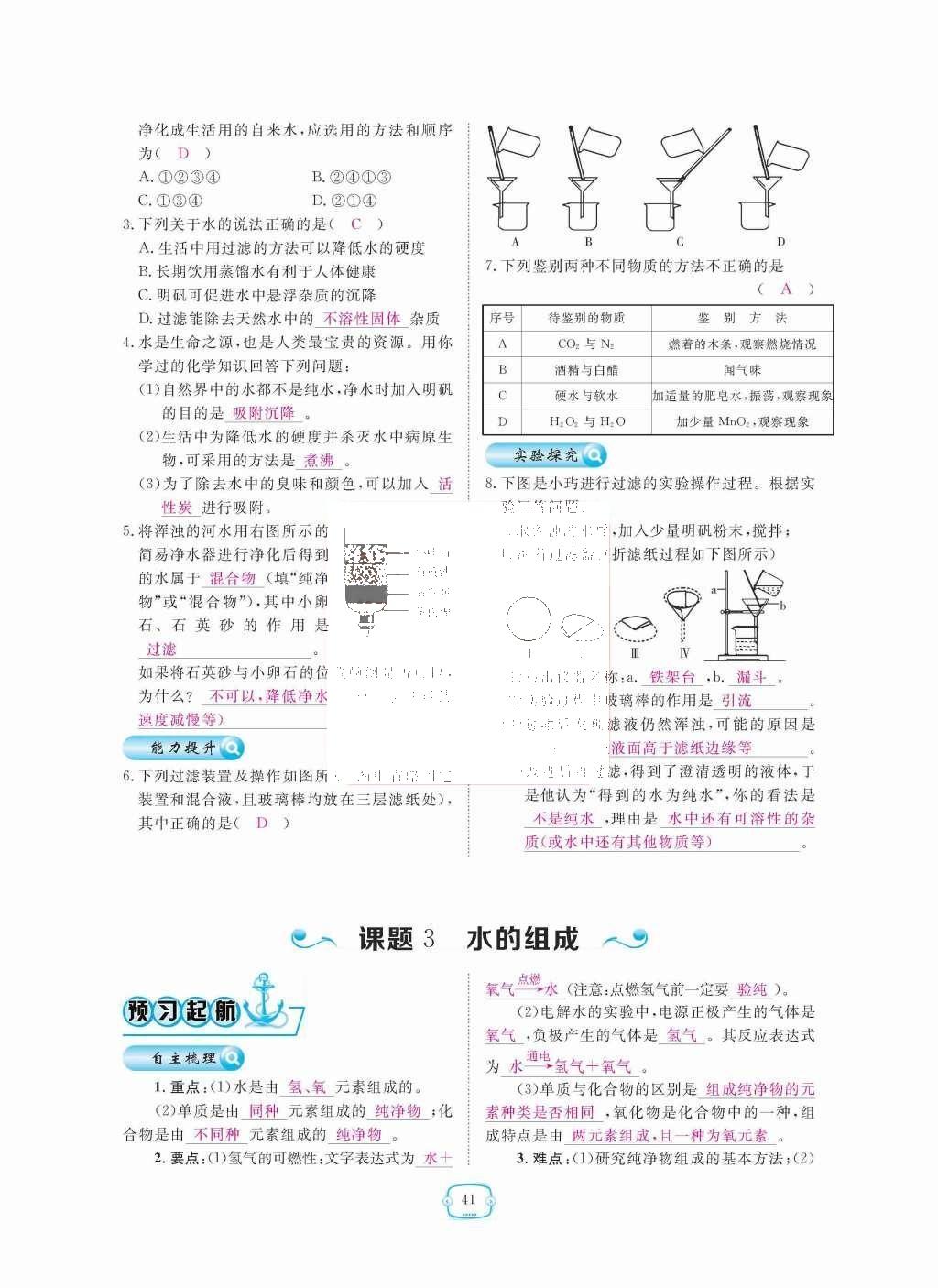 2015年領(lǐng)航新課標(biāo)練習(xí)冊(cè)九年級(jí)化學(xué)全一冊(cè)人教版 第四單元  自然界的水第41頁(yè)