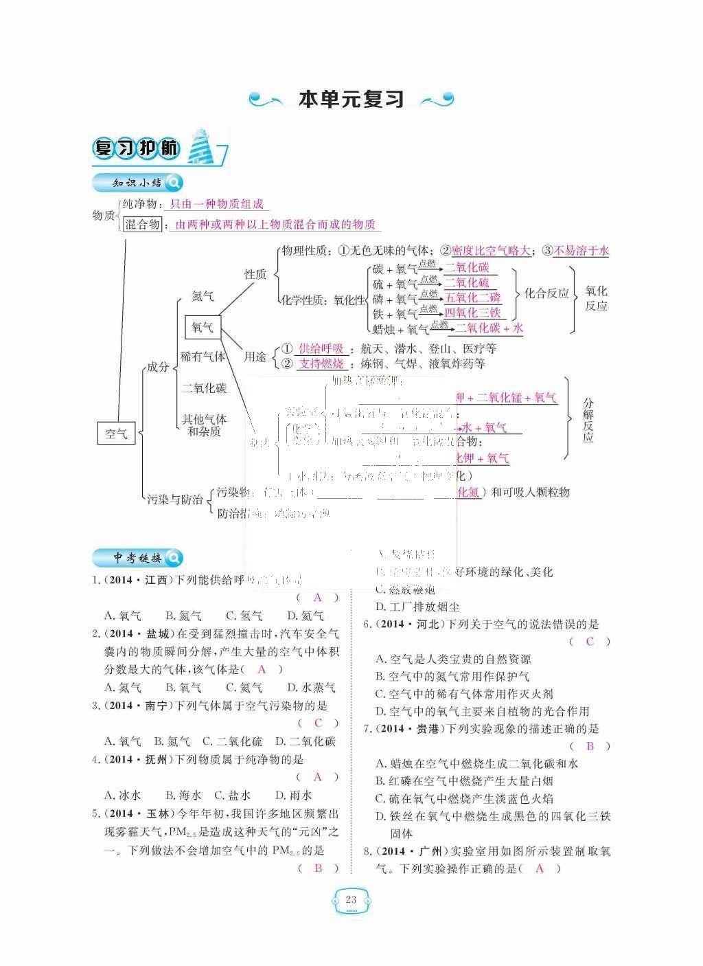 2015年領(lǐng)航新課標(biāo)練習(xí)冊九年級化學(xué)全一冊人教版 第二單元  我周圍的空氣第23頁