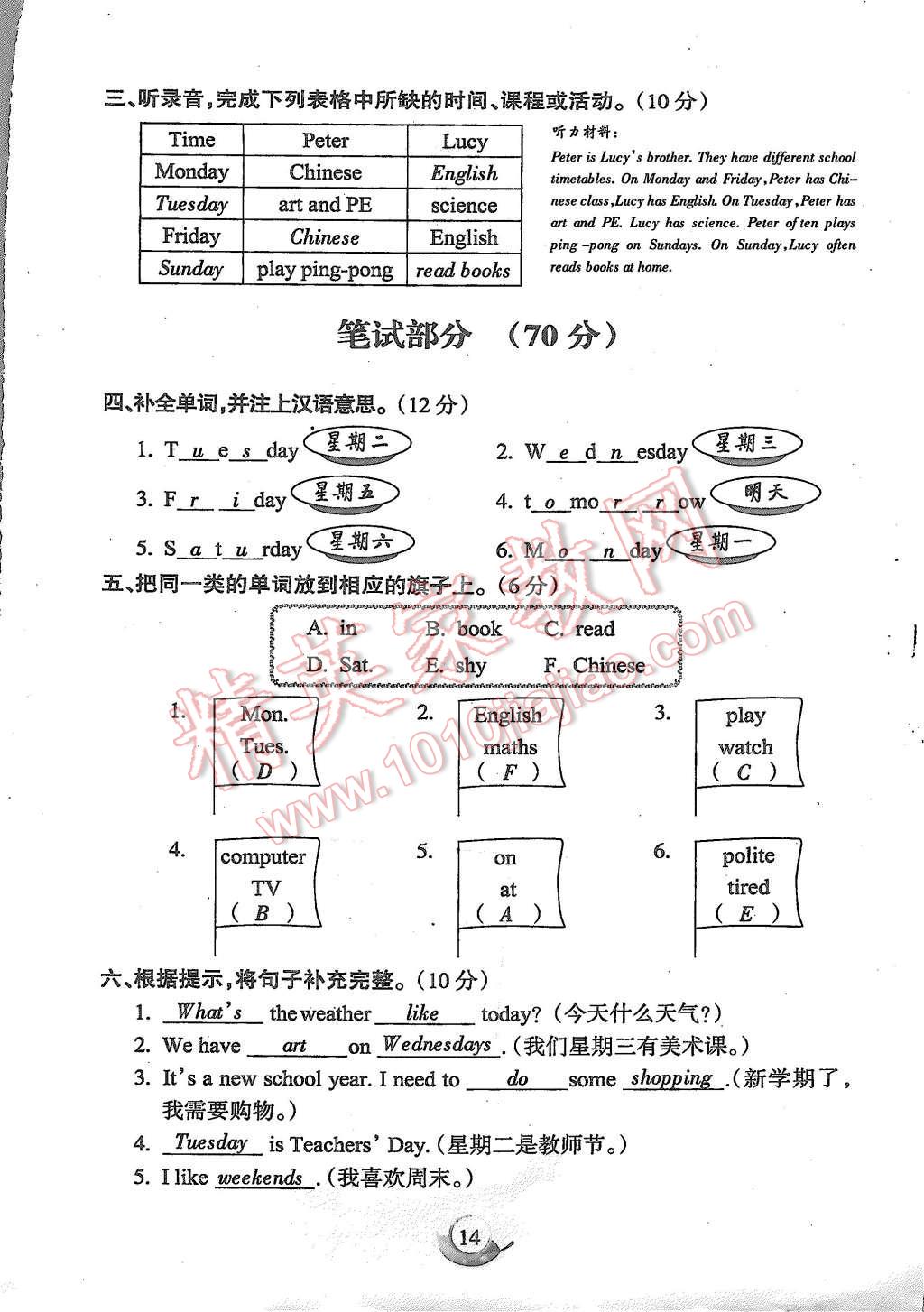 2015年啟智文化滿分試卷單元期末過關(guān)檢測五年級英語上冊人教PEP版 第14頁