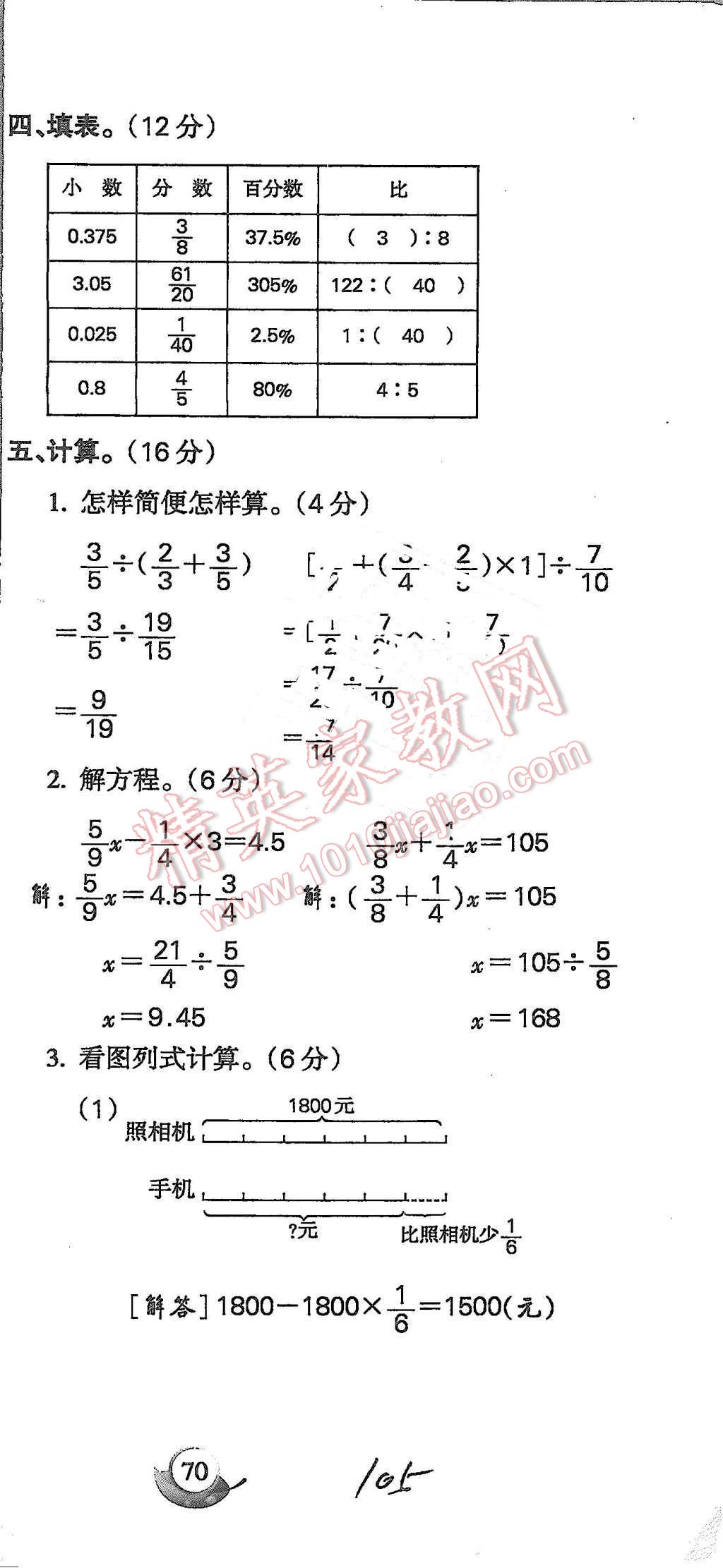 2015年啟智文化滿分試卷單元期末過關(guān)檢測(cè)六年級(jí)數(shù)學(xué)上冊(cè)人教版 第105頁