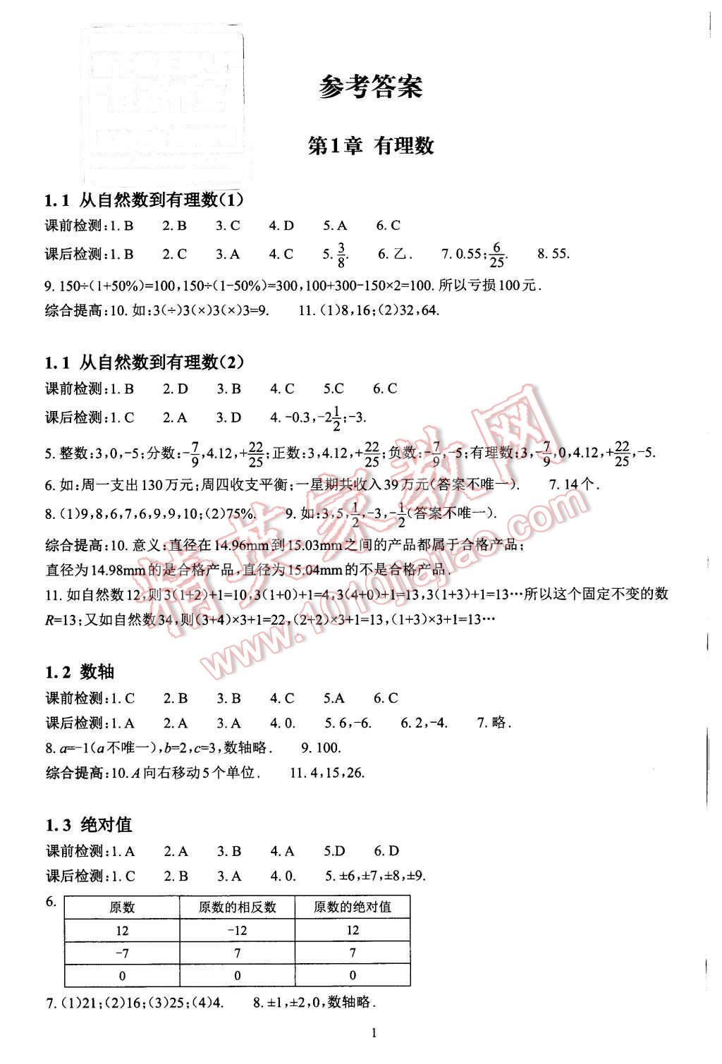 2015年課前課后快速檢測七年級數(shù)學(xué)上冊浙教版 第1頁