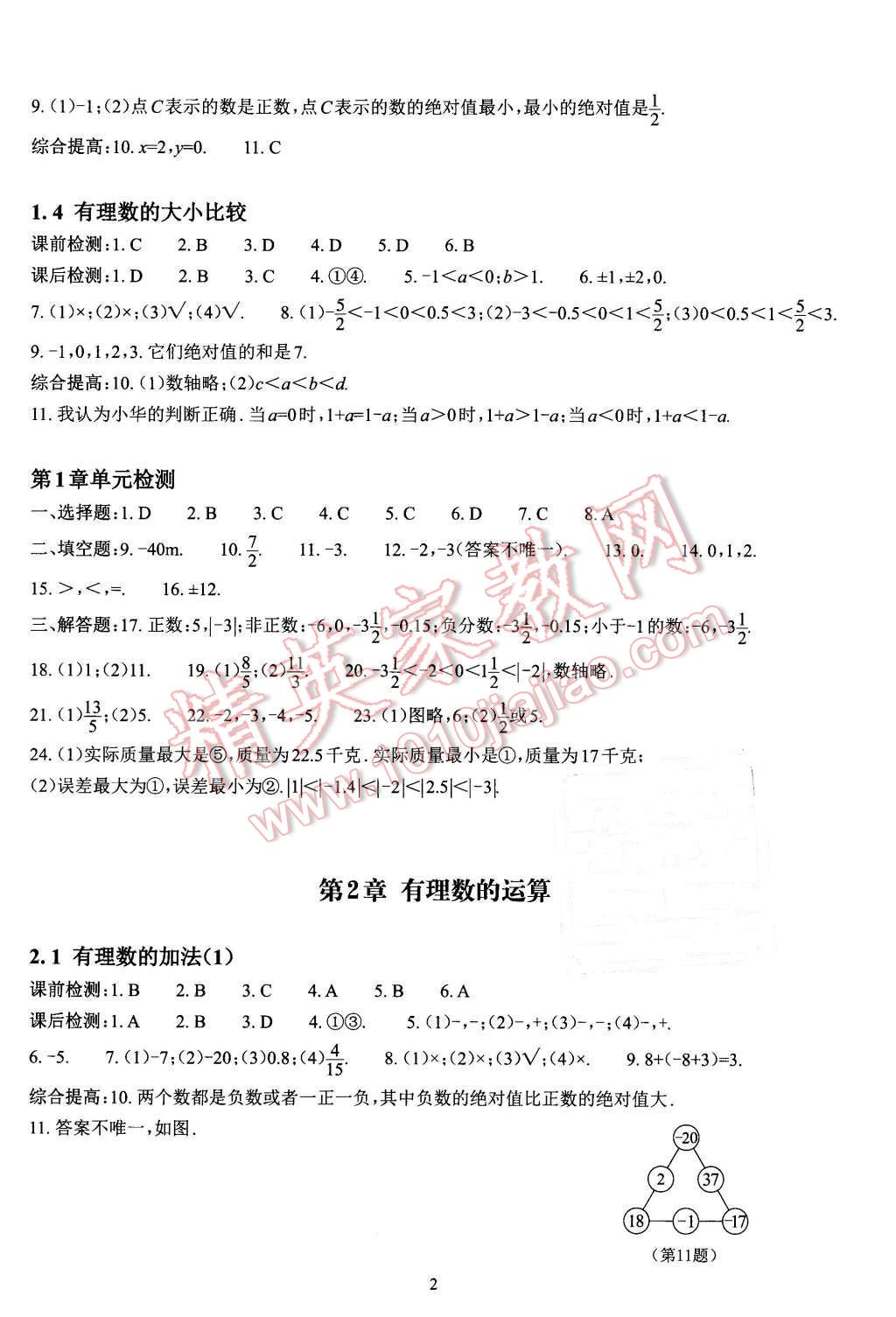 2015年課前課后快速檢測(cè)七年級(jí)數(shù)學(xué)上冊(cè)浙教版 第2頁(yè)